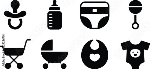 A collection of eight simple black baby care items and clothing icons