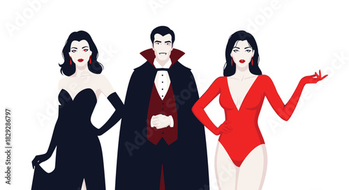 Three stylish vampire characters, two women and one man, posing elegantly in classic and modern interpretations of gothic fashion.