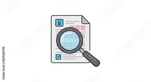 Reviewing survey results with magnifying glass identifying errors on a document in a business environment ideal for data analysis and accuracy checks.