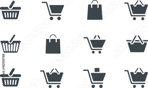 A collection of monochrome shopping cart and basket icons representing consumer purchasing activities