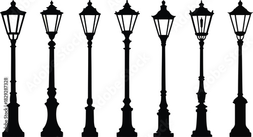 A collection of seven different vintage style black street lamp silhouettes on a bright white background