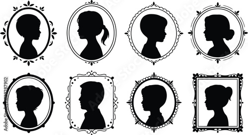 A collection of traditional black silhouettes of childrens profiles within decorative vintage frames