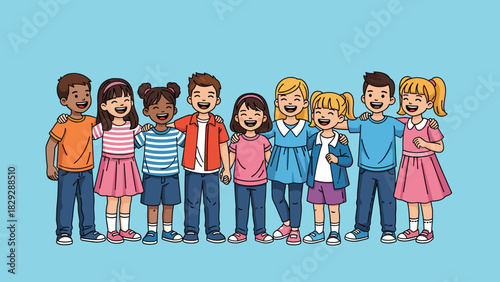 Diverse Group of Happy Children Smiling Together, Celebrating Friendship and Unity. Cartoon Illustration of Multicultural Kids on a Blue Background.
