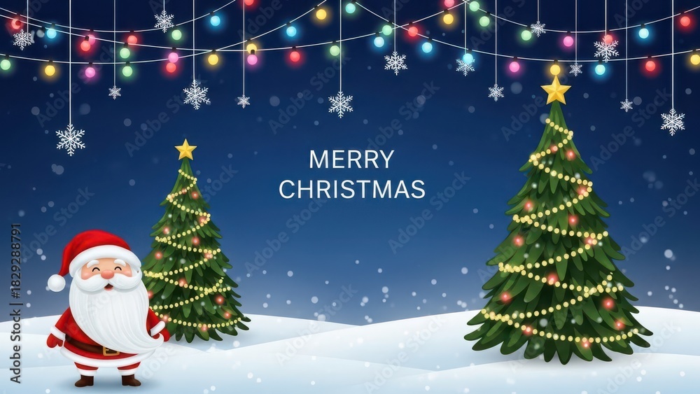 Fototapeta premium Cheerful santa, festive christmas trees, and sparkling lights.
