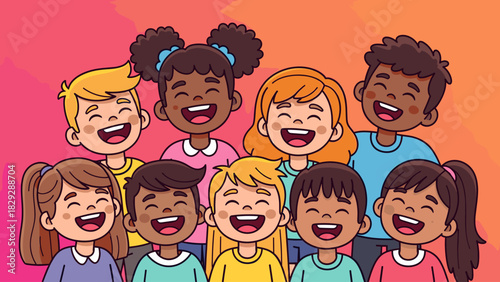 Joyful Illustration of Diverse Children Laughing Together, Representing Happiness, Unity, and Multicultural Friendship in a Vibrant Cartoon Style