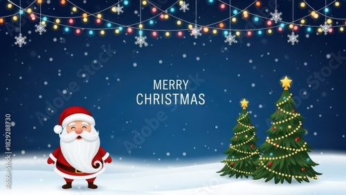Jolly santa claus, christmas trees, snow, lights, merry christmas