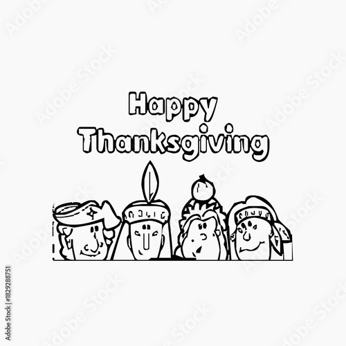 Black and white line art illustration featuring the heads of two Pilgrims and two Native Americans, along with "Happy Thanksgiving" text, representing the traditional holiday story.