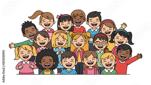 Joyful Multicultural Children's Group Illustration with Big Smiles and Waving Hands, Celebrating Friendship and Diversity