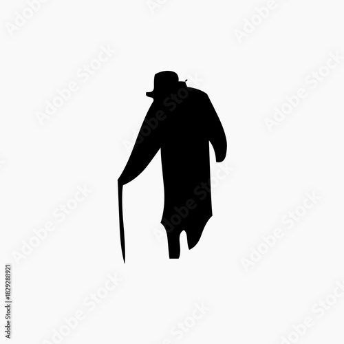 Simple black silhouette of an elderly gentleman wearing a hat and a coat, leaning on a walking stick or cane.