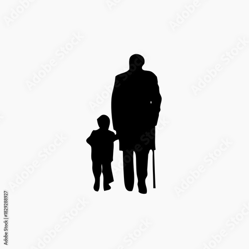Black silhouette of a grandfather (or elderly man) standing with his young grandchild (or boy) beside him.