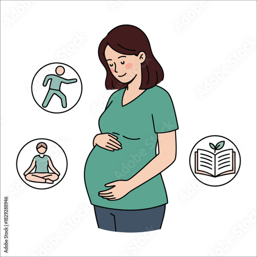 Pregnant woman with icons of exercise meditation and book Keywords: pregnant, woman, exercise