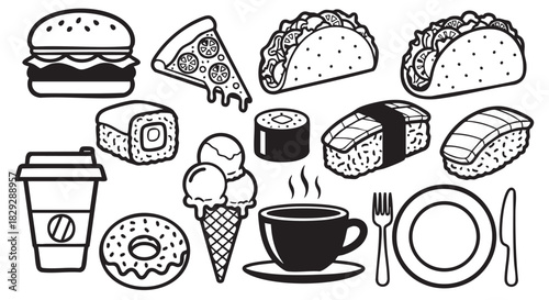 Black and white food icons set for coloring book and design