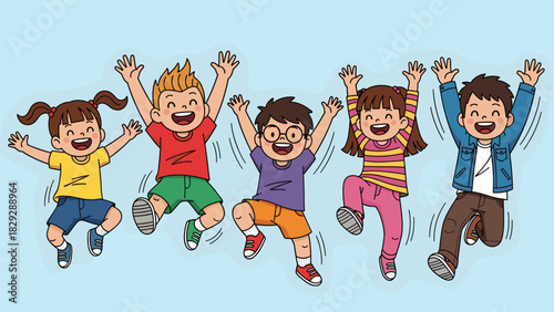 Joyful diverse cartoon children jumping excitedly with arms raised, celebrating happiness and playfulness