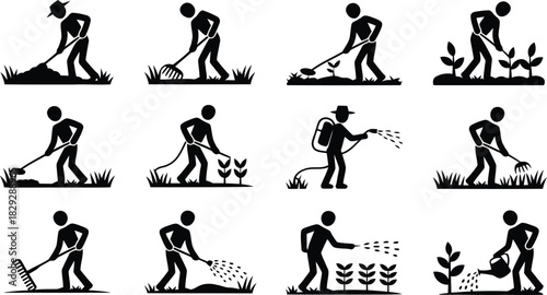 A comprehensive collection of black silhouette icons illustrating various essential gardening tasks and plant care