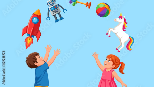 Cheerful Children Playing with a Whimsical Assortment of Floating Toys on a Bright Blue Background, Childhood Fun and Imagination