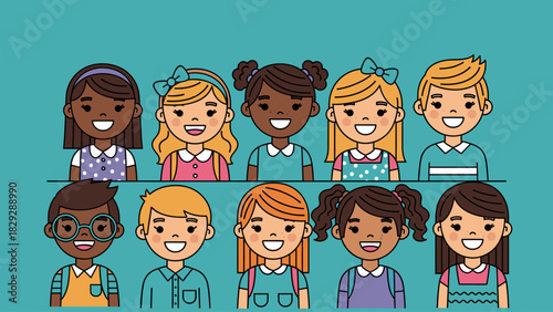 Cheerful Diverse Children Group Illustration. Smiling Multicultural Kids Portrait, Representing Friendship, Learning, and Childhood Joy on Teal Bac...