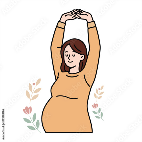 Pregnant woman stretching her arms up with flowers Keywords: pregnant, woman, stretching, arms