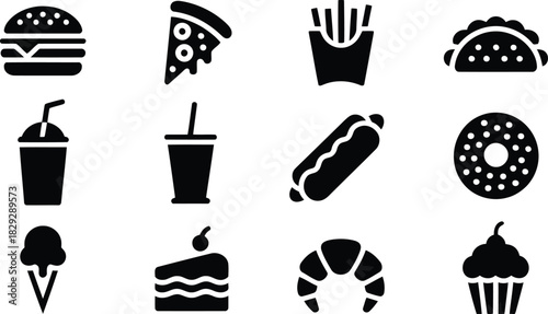 A comprehensive collection of popular fast food items depicted as simple black silhouette icons