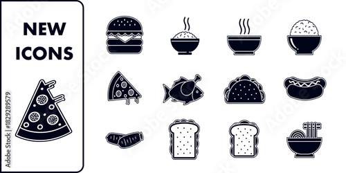 Collection of New Food Icons Featuring Pizza, Burger, and Other Delicacies
