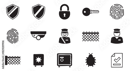 Security and protection concept with shield fingerprint camera safe and fence