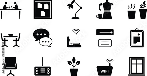A comprehensive set of black icons for typical office and remote work environments on a white background