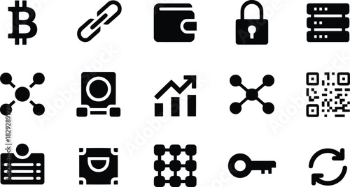 A comprehensive set of black digital currency and online security related icons on a white background