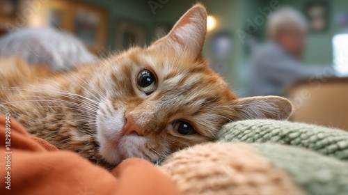 An orange tabby cat rests comfortably on a blanket in a senior home, with a caring presence nearby.