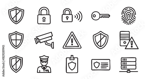 Security system icons collection including shield lock surveillance camera and guard