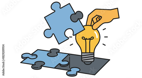 solving problems with ideas hand placing puzzle piece to complete lightbulb symbolizing creativity solution-finding  innovation for business concepts