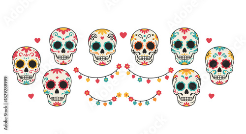 sugar skulls illustration for day of the dead a festive composition featuring decorative skulls floral elements heart accents and string lights holiday art.