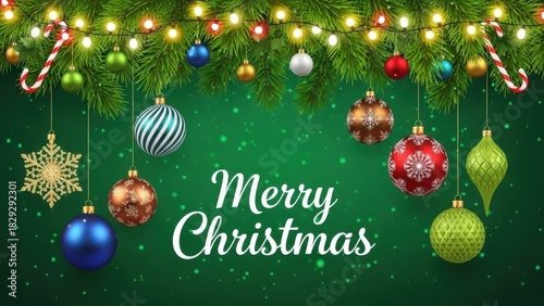 Merry christmas banner with festive ornaments on a green background