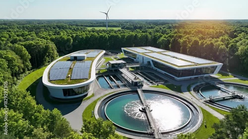 Modern Wastewater Treatment Plant with Solar Panels and Wind Turbine for Renewable Energy.