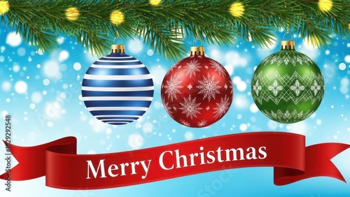 Merry christmas banner with festive ornaments and snowy background