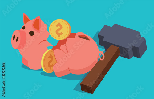 Investment losses or financial failures, broken piggy banks and giant hammers