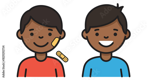 Boy with a bandage feeling better after getting hurt smiling and relieved promoting childhood health and well-being suitable for pediatric healthcare ads.