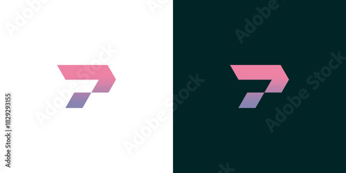 Abstract gradient letter P logo design, modern geometric shapes with vibrant pink and purple colors on white and dark backgrounds