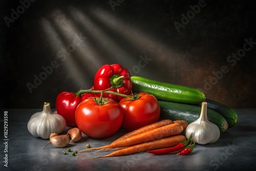 Fresh organic vegetables still life with dramatic lighting on a dark background