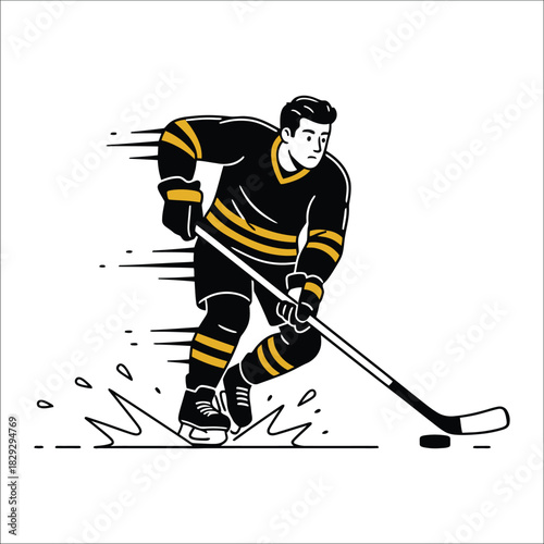 Hockey player in black and yellow uniform skates with puck Keywords: hockey, ice hockey, player