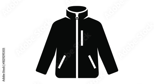A simple depiction of a black jacket with a front zipper and pockets silhouette