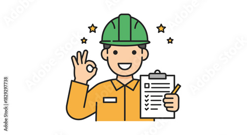 construction worker approved checklist confirming safety standards on clipboard against a white background suitable for project management visuals