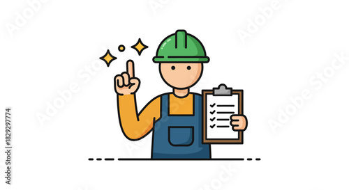 Construction worker with checklist pointing up ensuring safety compliance on a project site ideal for training manuals and construction safety regulations.