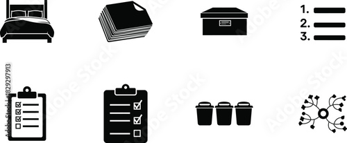 Simple black and white vector icons representing various household items and tasks, including a bed, laundry, and a to-do list.