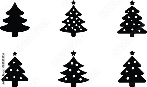 A varied set of simple black silhouette Christmas trees with and without decorative elements and stars