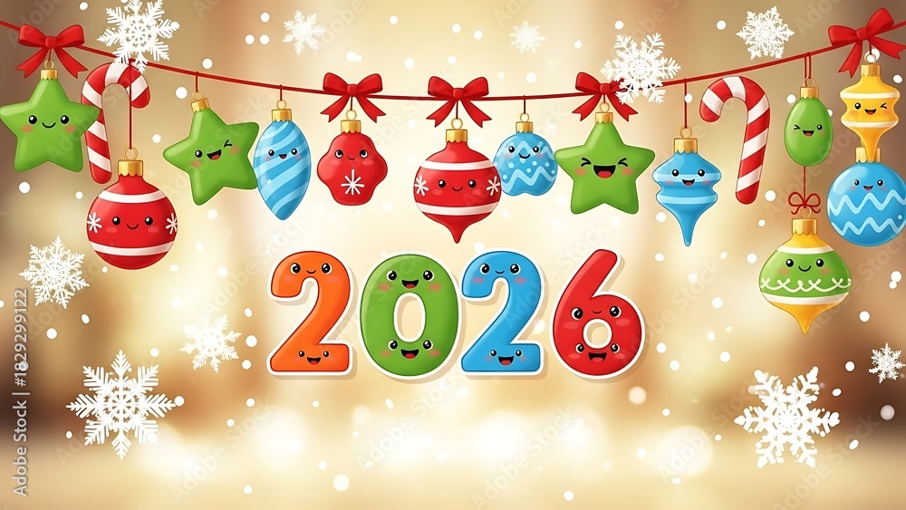 Fototapeta premium Cute Kawaii Christmas Ornaments Hanging Garland Featuring Happy Faced Stars Balls And Candy Canes With Colorful 2026 New Year Numbers On A Warm Bokeh Background And Falling Snowflakes Festiv