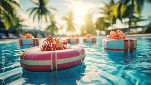 Wrapped presents floating on pool rafts in a sunny tropical resort. .