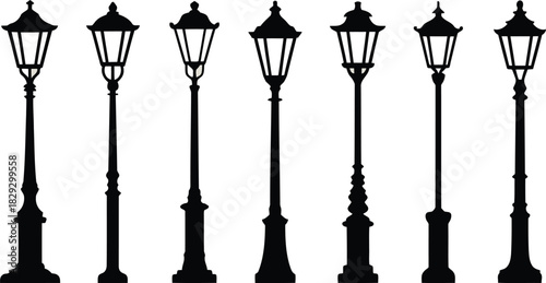 An exquisite selection of seven ornate lamppost silhouettes commonly found in historic urban environments