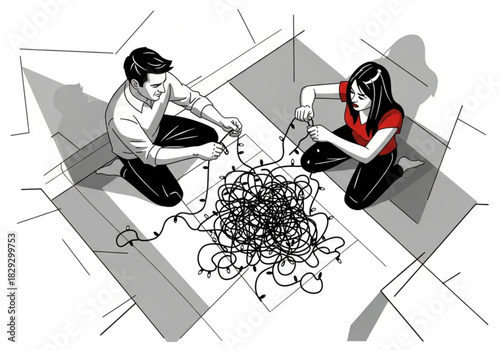 Man and Woman Working Together to Untangle a Complicated Knot.
