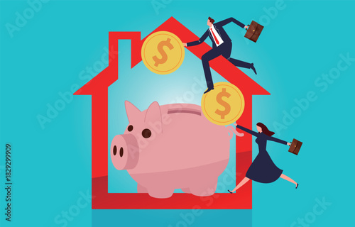 Household savings, passive income, financial investments, businessmen and businesswomen put gold coins into a piggy bank inside the house