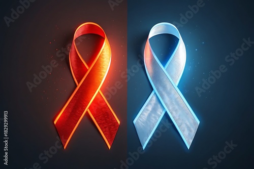 awareness ribbons, red and blue, glowing on a dark background, symbolizing support