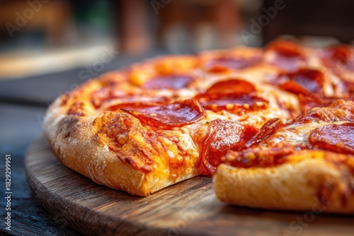 Wallpaper Mural Fresh Hot Pepperoni Pizza with Crispy Crust and Melting Cheese on Wooden Board Torontodigital.ca